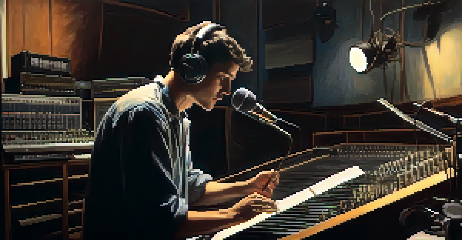 A musician in a recording studio, focused on composing a film score, surrounded by vintage microphones and sound equipment, with soft lighting.