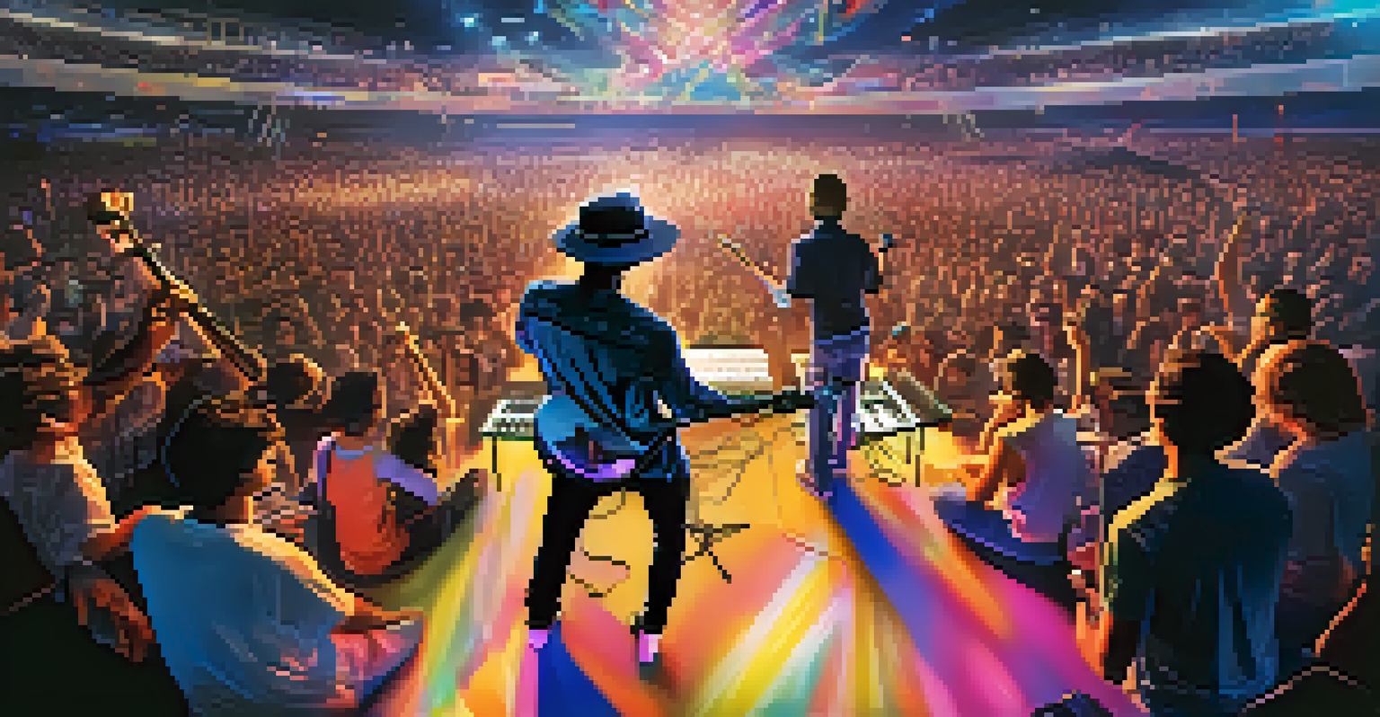 A virtual concert with a musician performing surrounded by augmented reality visuals.