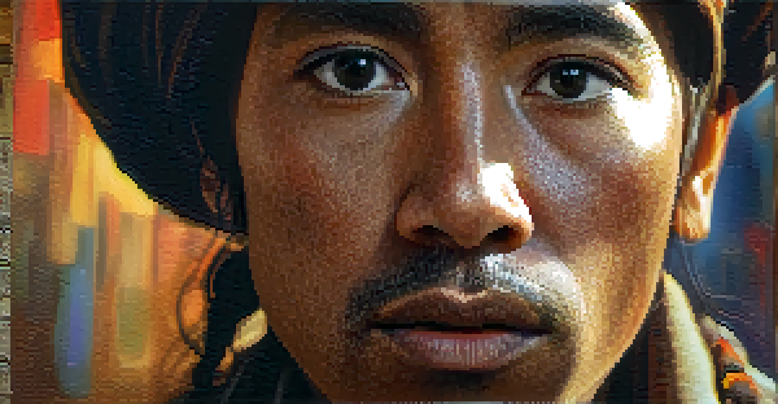 A close-up of a character's face showing deep emotion while speaking in their native language, with a blurred cultural backdrop.