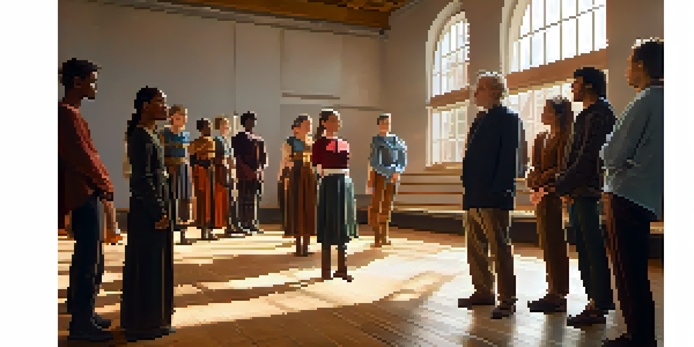 A director engaging with actors in a rehearsal space, with natural light and colorful costumes.