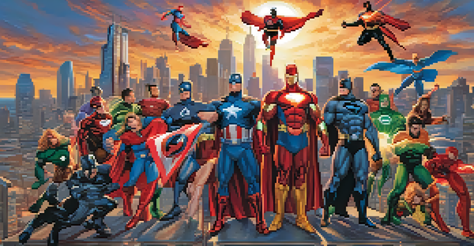 A group of superheroes from various universes interacting in a city at sunset, showcasing their unique costumes and abilities.