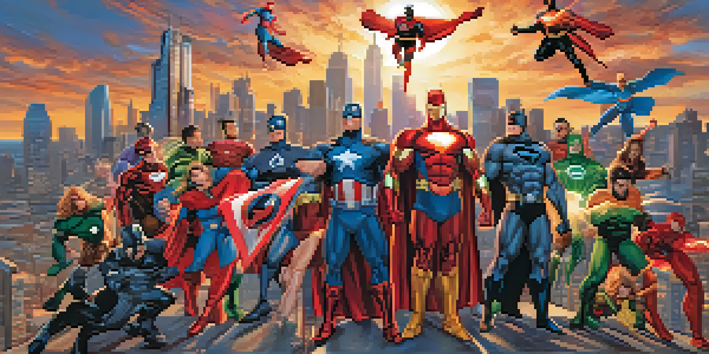 A group of superheroes from various universes interacting in a city at sunset, showcasing their unique costumes and abilities.