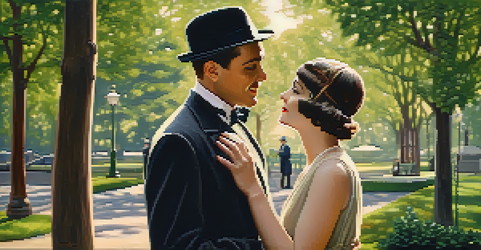 A charming couple in 1920s attire sharing a comedic moment in a park, surrounded by greenery and vintage lampposts, embodying the expressive acting style of silent films.