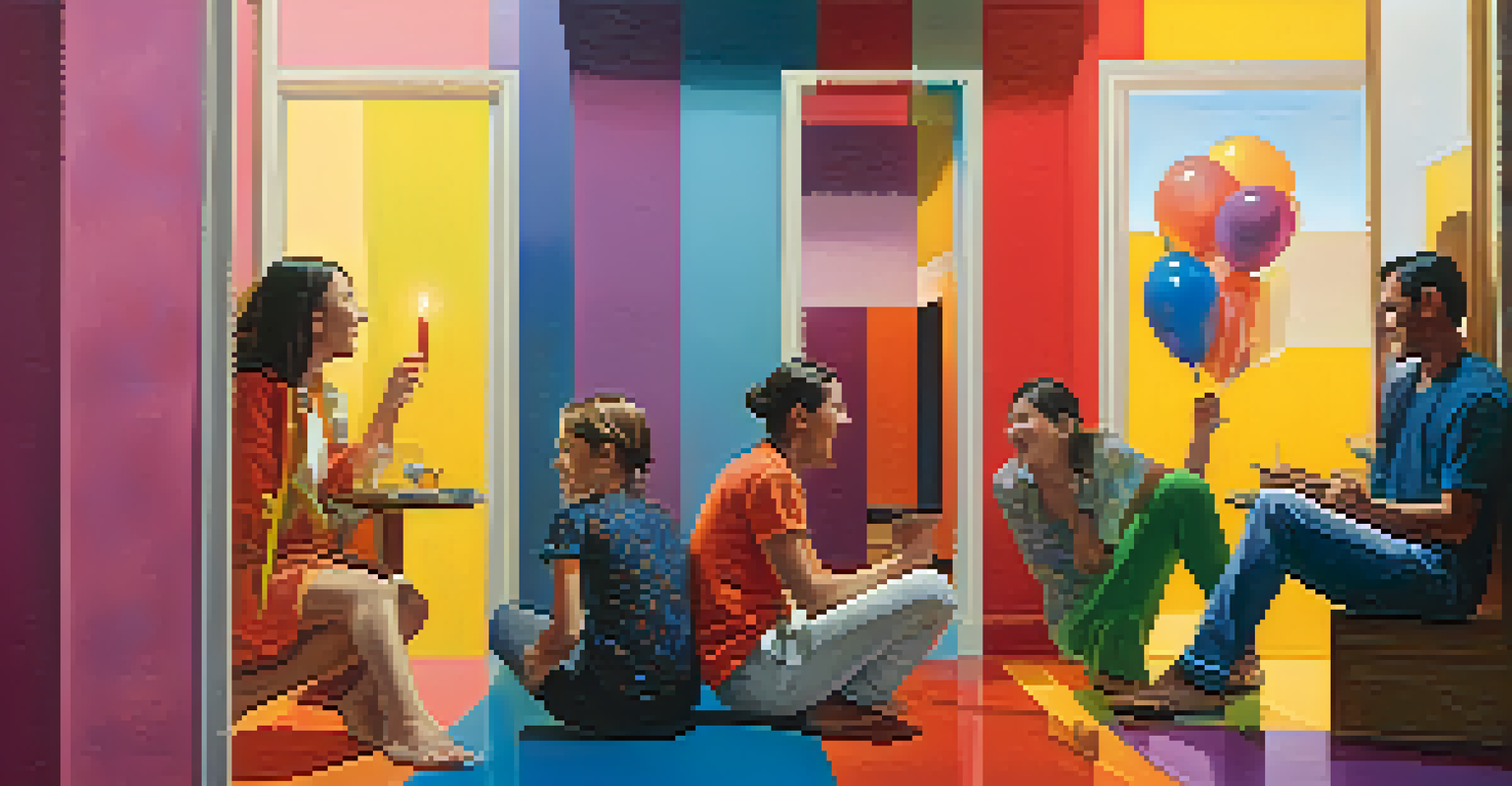 A split scene of a character celebrating with friends and reflecting alone in a dimly lit room, representing internal struggle.