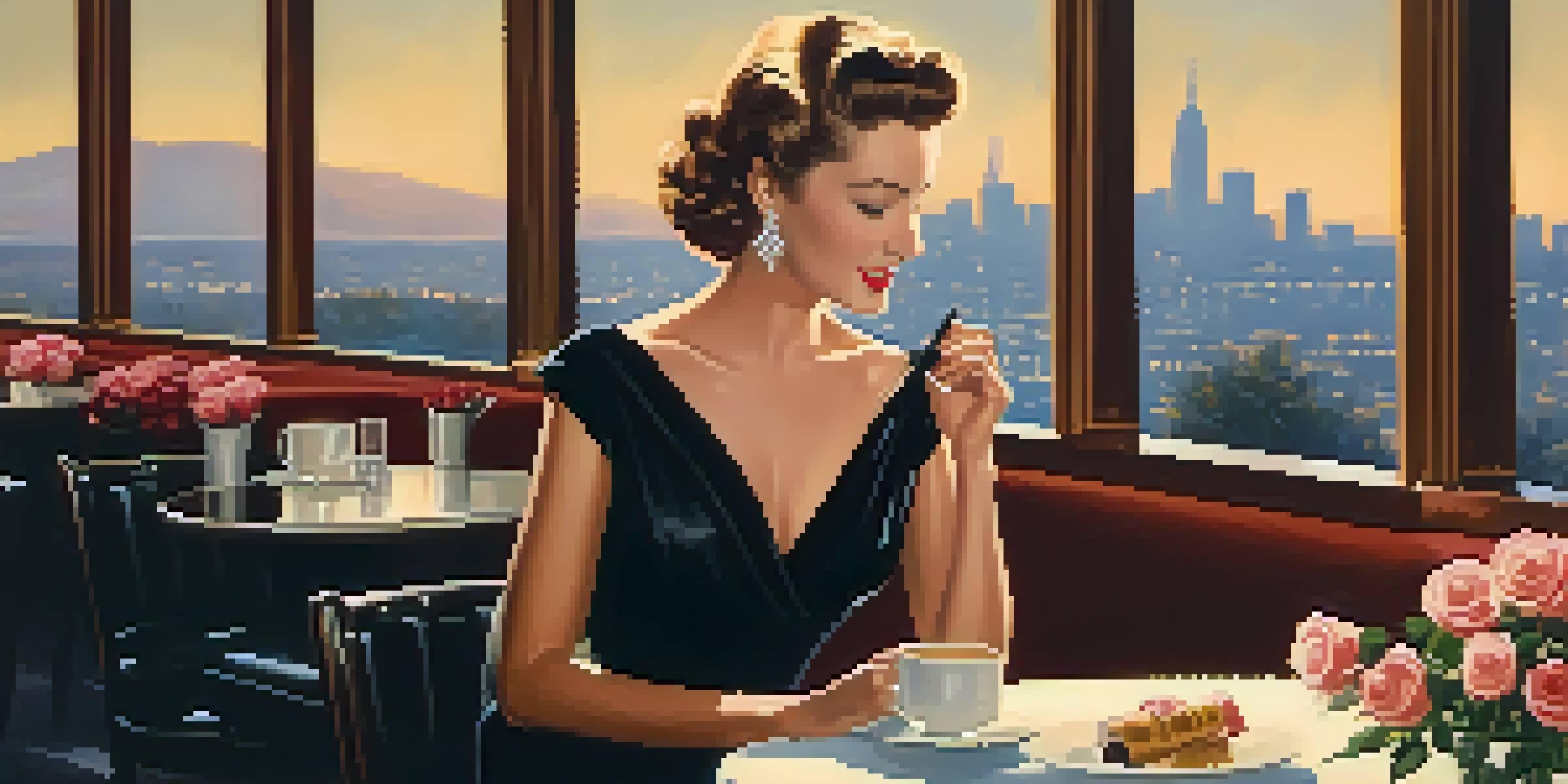 A woman in a 1950s black dress sitting at a cafe table, with a city skyline and golden hour lighting.