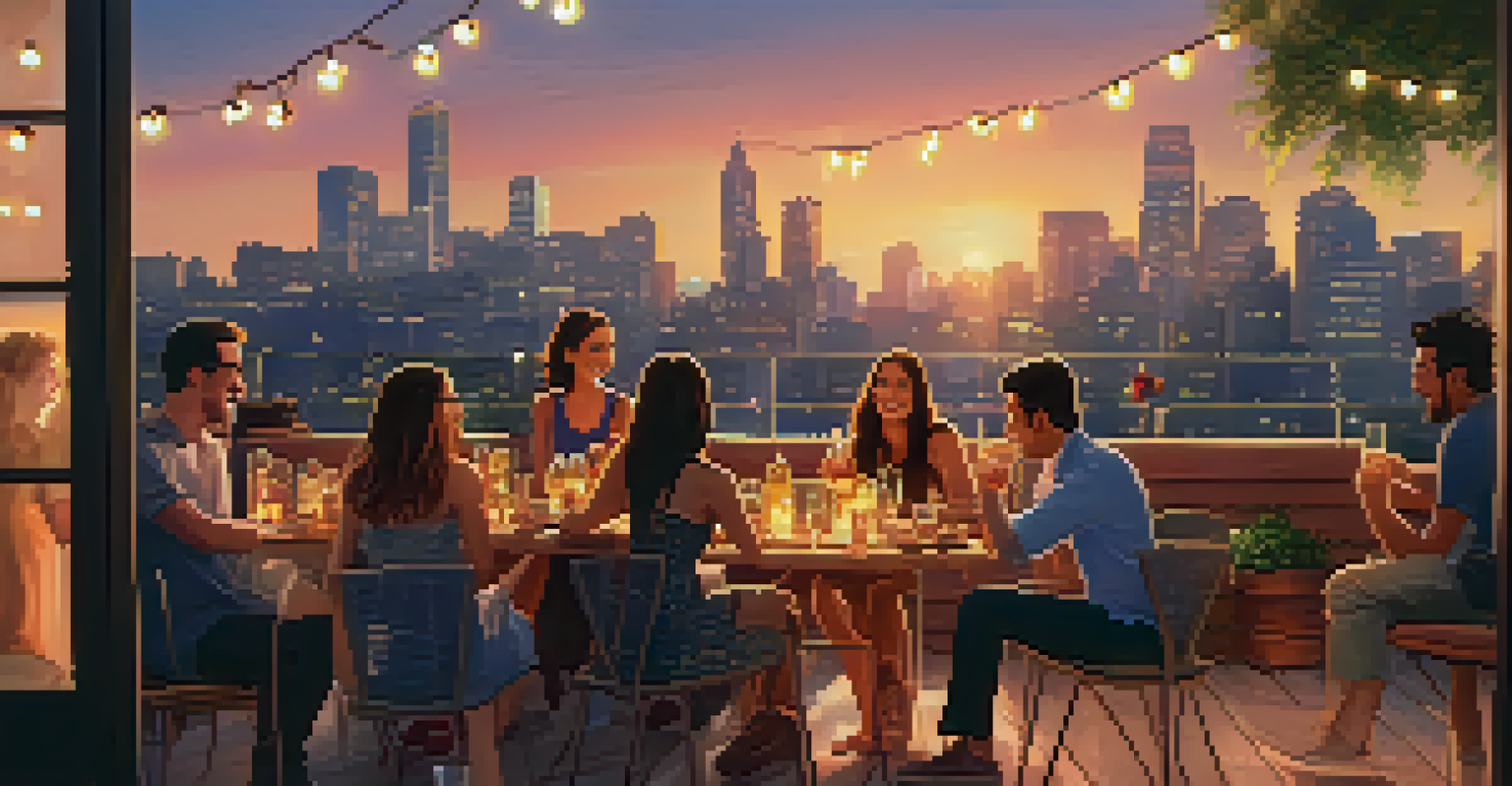 A rooftop party at sunset with friends enjoying drinks and a city skyline in the background.