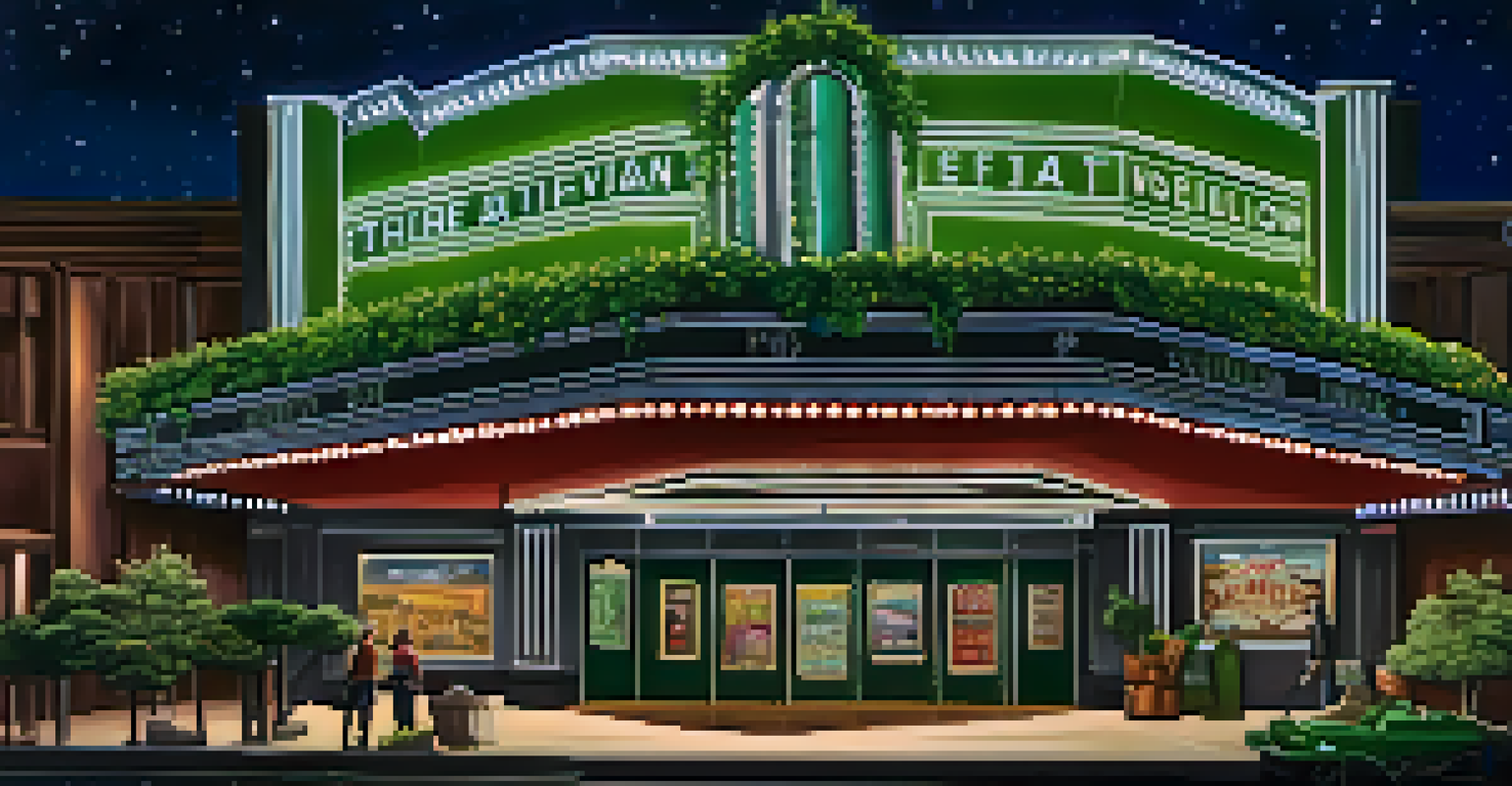 A movie theater marquee displaying eco-themed films, surrounded by plants and flowers at night.