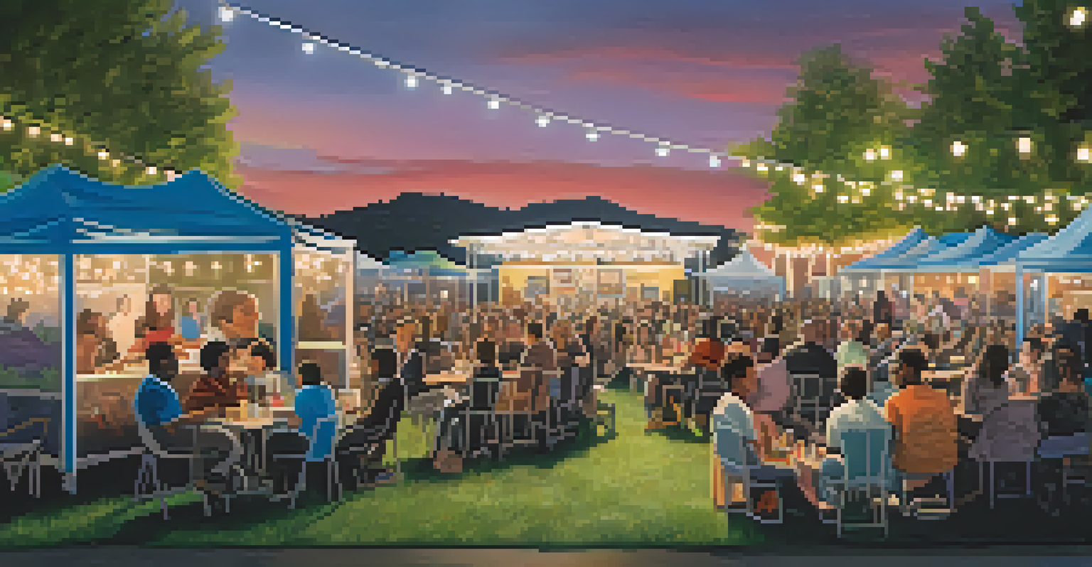 An outdoor film festival with a diverse audience watching a documentary about disability representation, surrounded by string lights and food trucks.