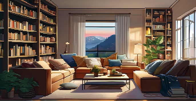 A cozy living room with bookshelves and a large screen showing a streaming platform, inviting for watching shows.