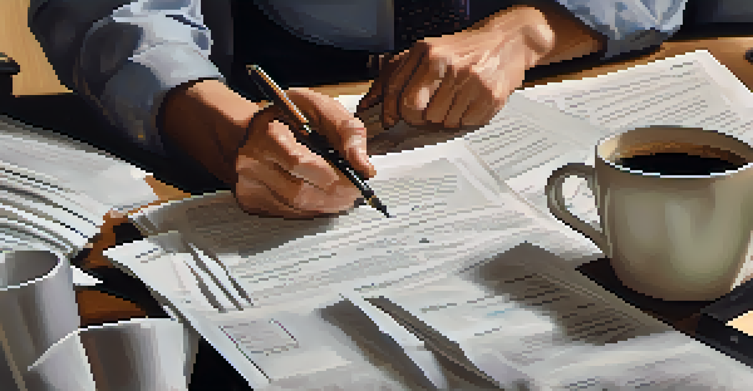 A focused casting director's hands sorting through headshots and resumes, with a coffee cup in the background, capturing the intensity of the casting process.