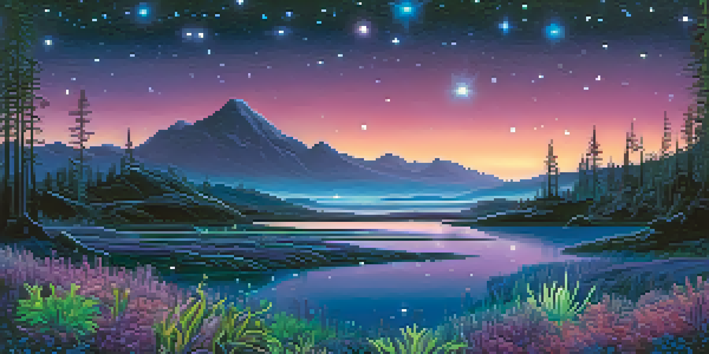 A tranquil alien landscape with glowing plants and a starry sky, showcasing vibrant colors and a misty foreground.