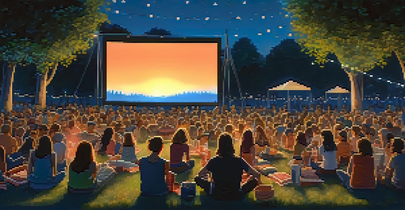 An outdoor film festival at dusk with a large screen, audience on blankets, and fairy lights in the trees.