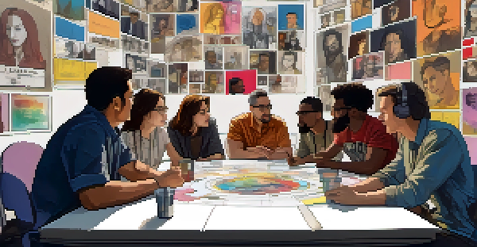 A diverse group of filmmakers and activists discussing ideas at a round table, surrounded by colorful sketches and storyboards.