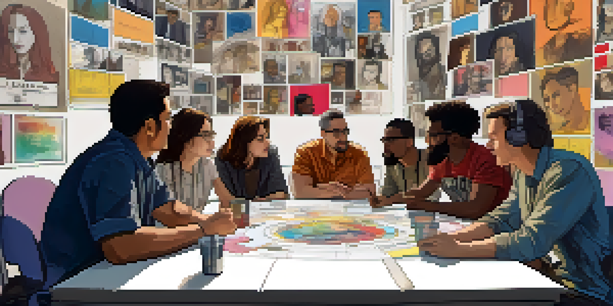 A diverse group of filmmakers and activists discussing ideas at a round table, surrounded by colorful sketches and storyboards.