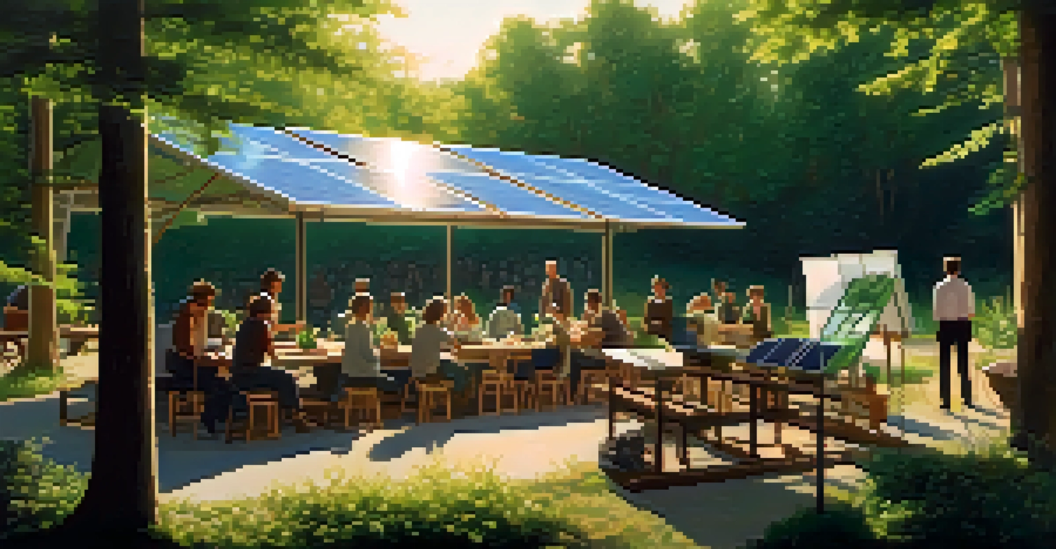 An eco-friendly film set in a natural outdoor environment, featuring solar panels and crew members using sustainable materials under soft sunlight.
