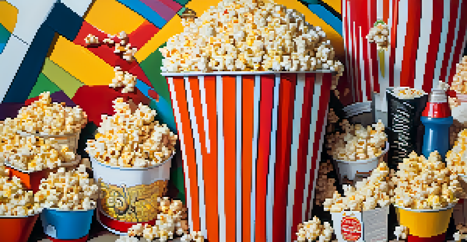 An abstract image of a popcorn bucket filled with cartoonish characters representing societal issues, using bright colors and playful textures.