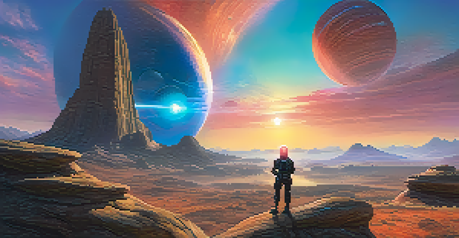 A futuristic explorer on an alien planet with surreal landscapes and a colorful sky.