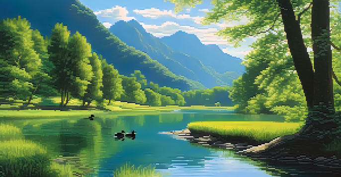 A peaceful valley with a winding river, tall green trees, and a family of ducks swimming, set against a backdrop of mountains and a clear blue sky.