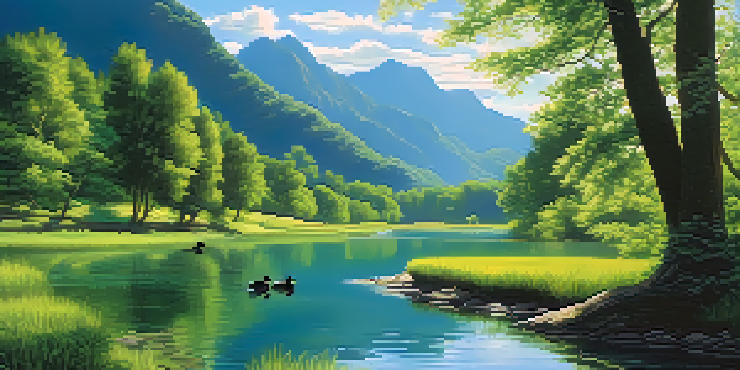 A peaceful valley with a winding river, tall green trees, and a family of ducks swimming, set against a backdrop of mountains and a clear blue sky.