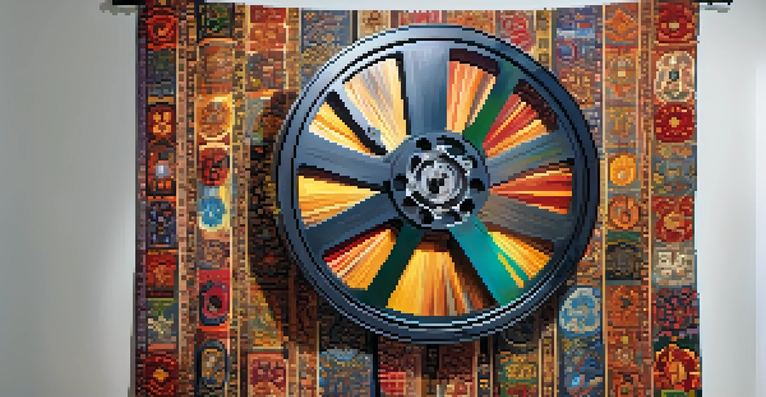 A film reel transforming into a colorful tapestry of cultural symbols, representing the fusion of diverse narratives in cinema.