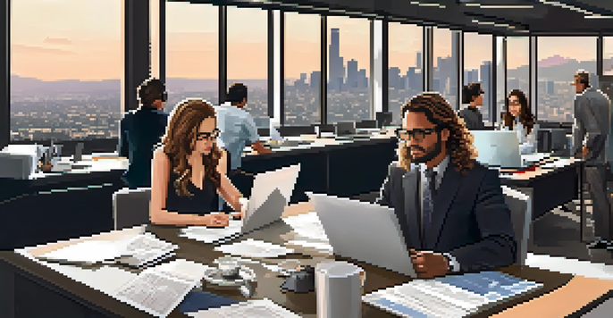 A diverse team of public relations professionals in a modern office, brainstorming crisis management strategies with laptops and documents.