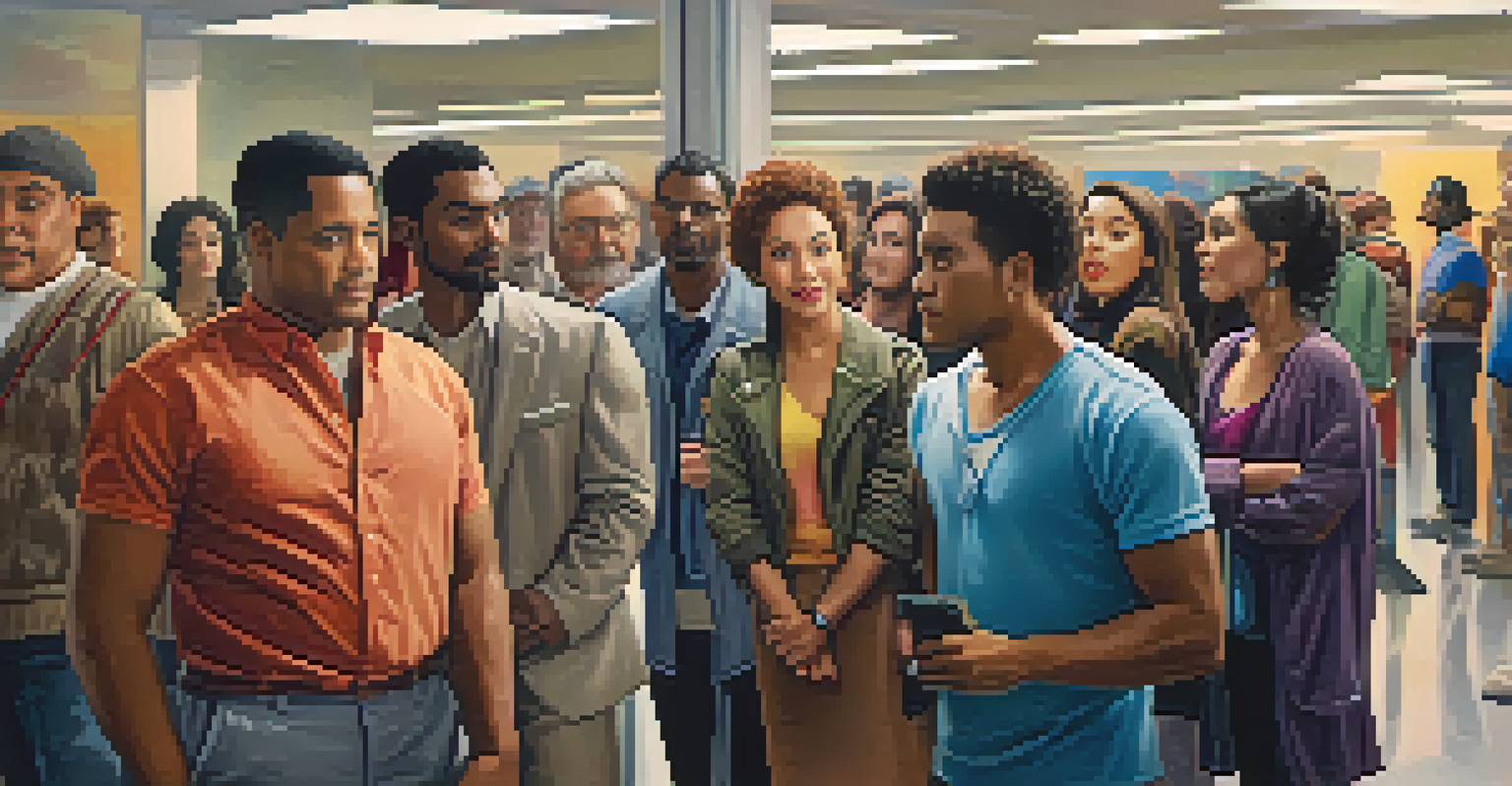 A diverse group of actors waiting in line for auditions in a vibrant casting office, with film posters on the walls.