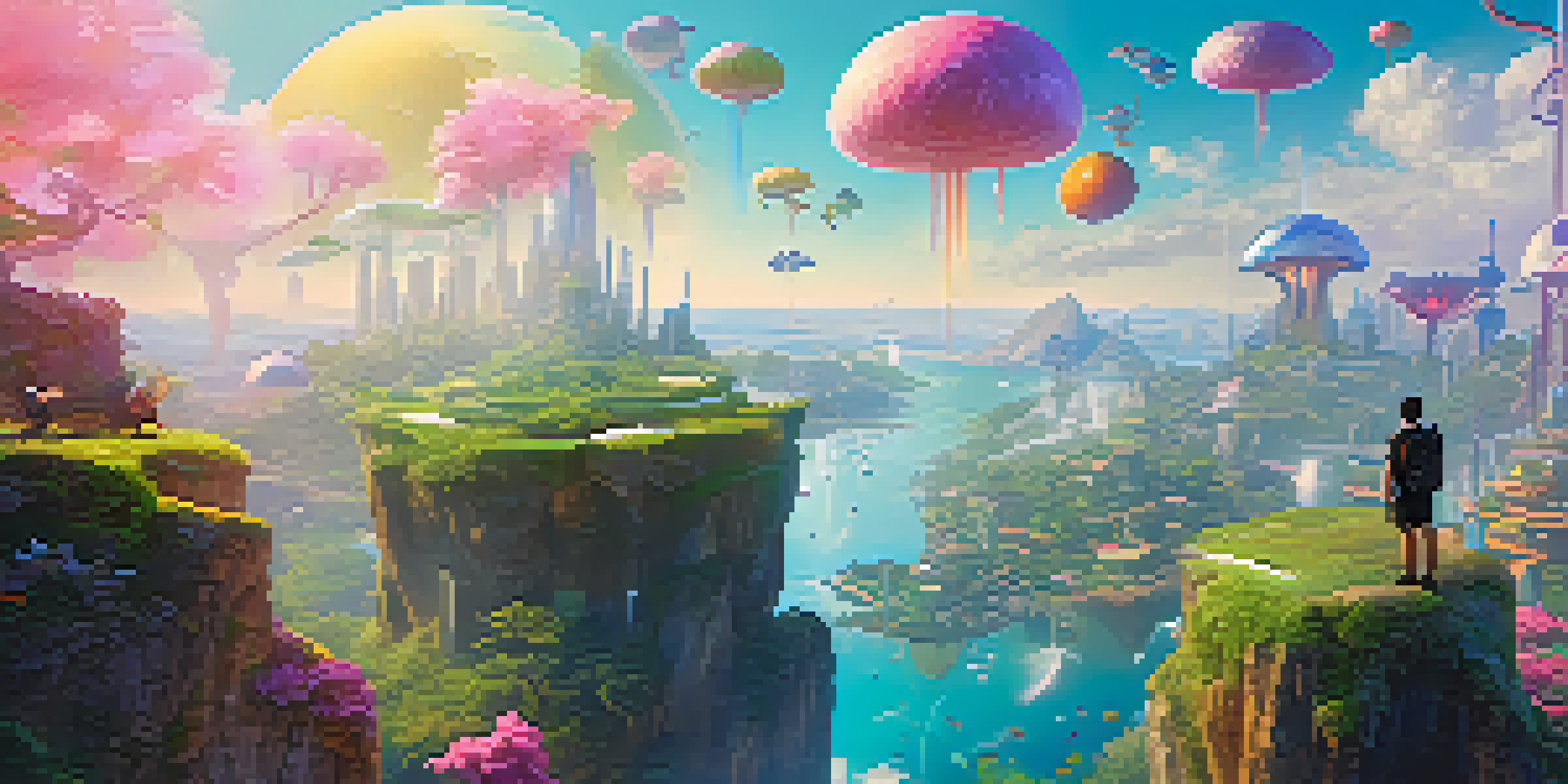 A person in a VR headset stands on a cliff overlooking a colorful virtual city with floating islands and lush greenery, illuminated by soft light.