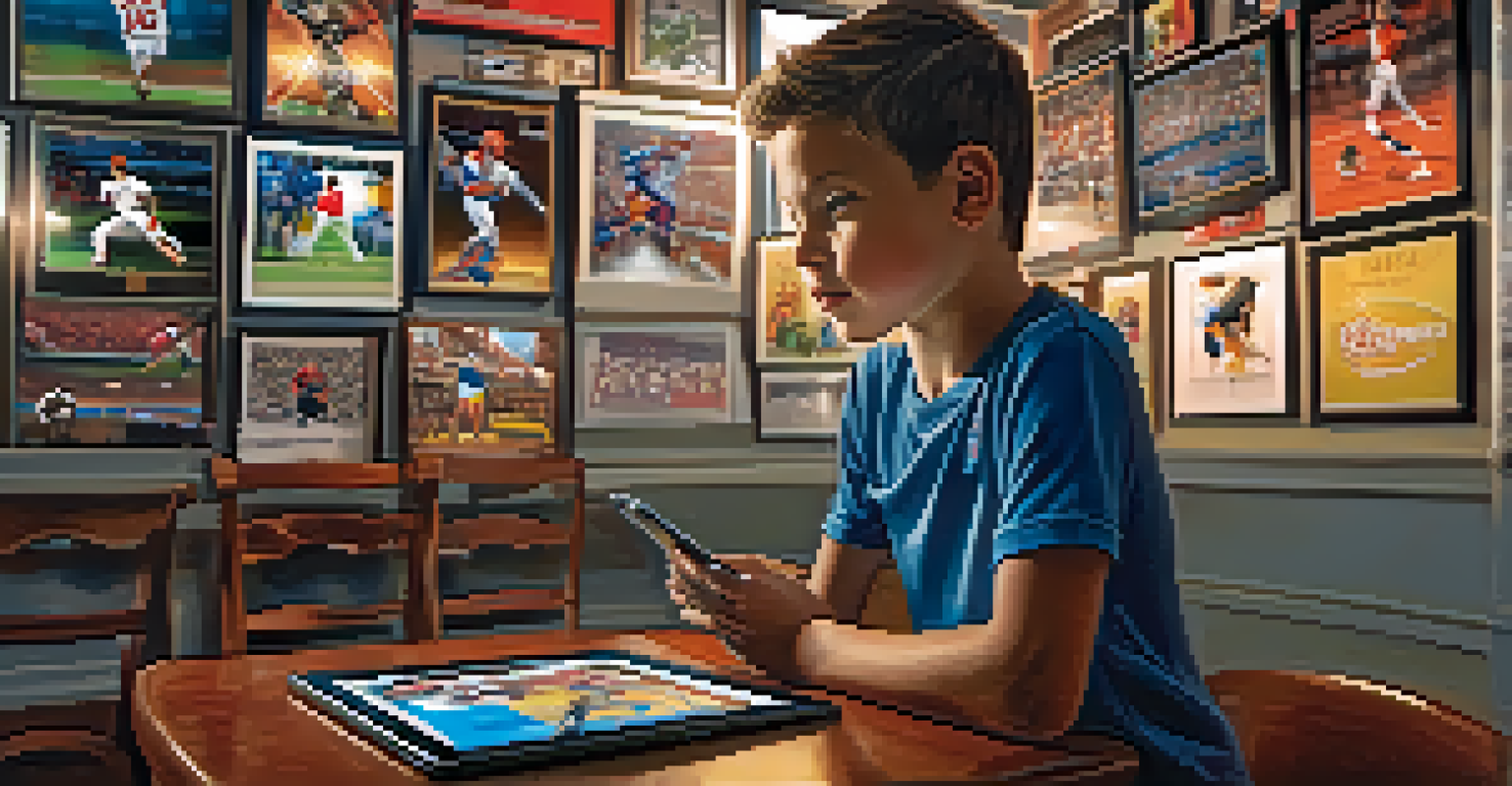 A young boy watching a sports star on a tablet, surrounded by sports memorabilia and colorful posters.
