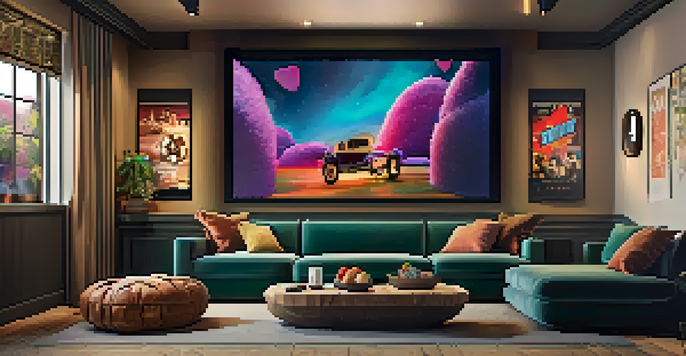 A cozy home theater with a large screen, plush seating, and ambient lighting, showcasing a movie scene.