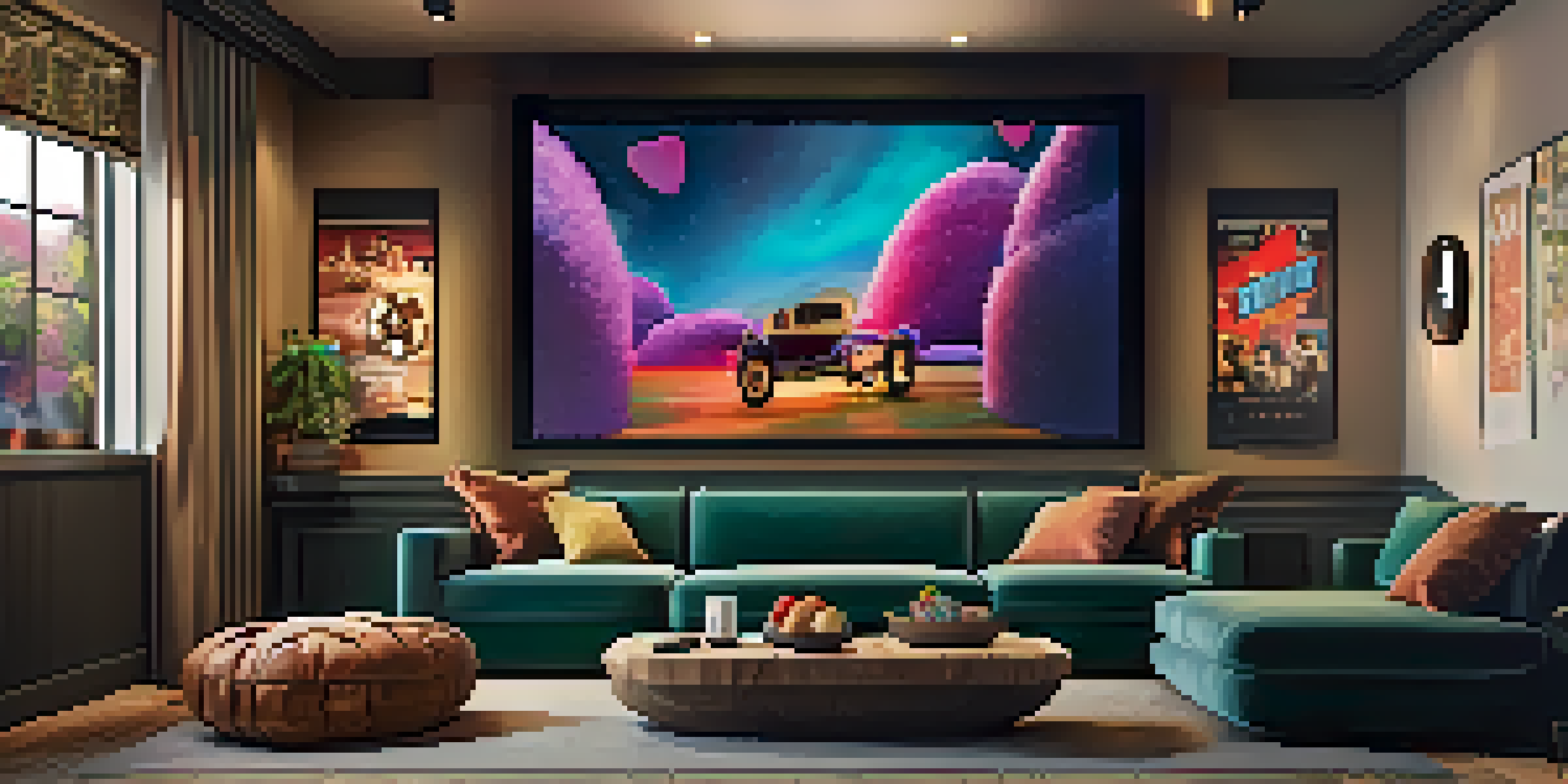 A cozy home theater with a large screen, plush seating, and ambient lighting, showcasing a movie scene.
