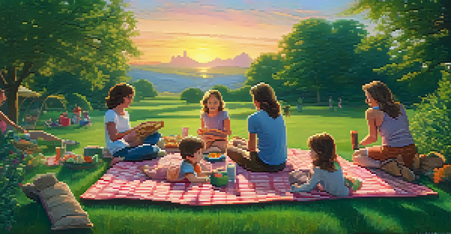 A family enjoying a picnic in a park during sunset, surrounded by vibrant colors and a lush green landscape.