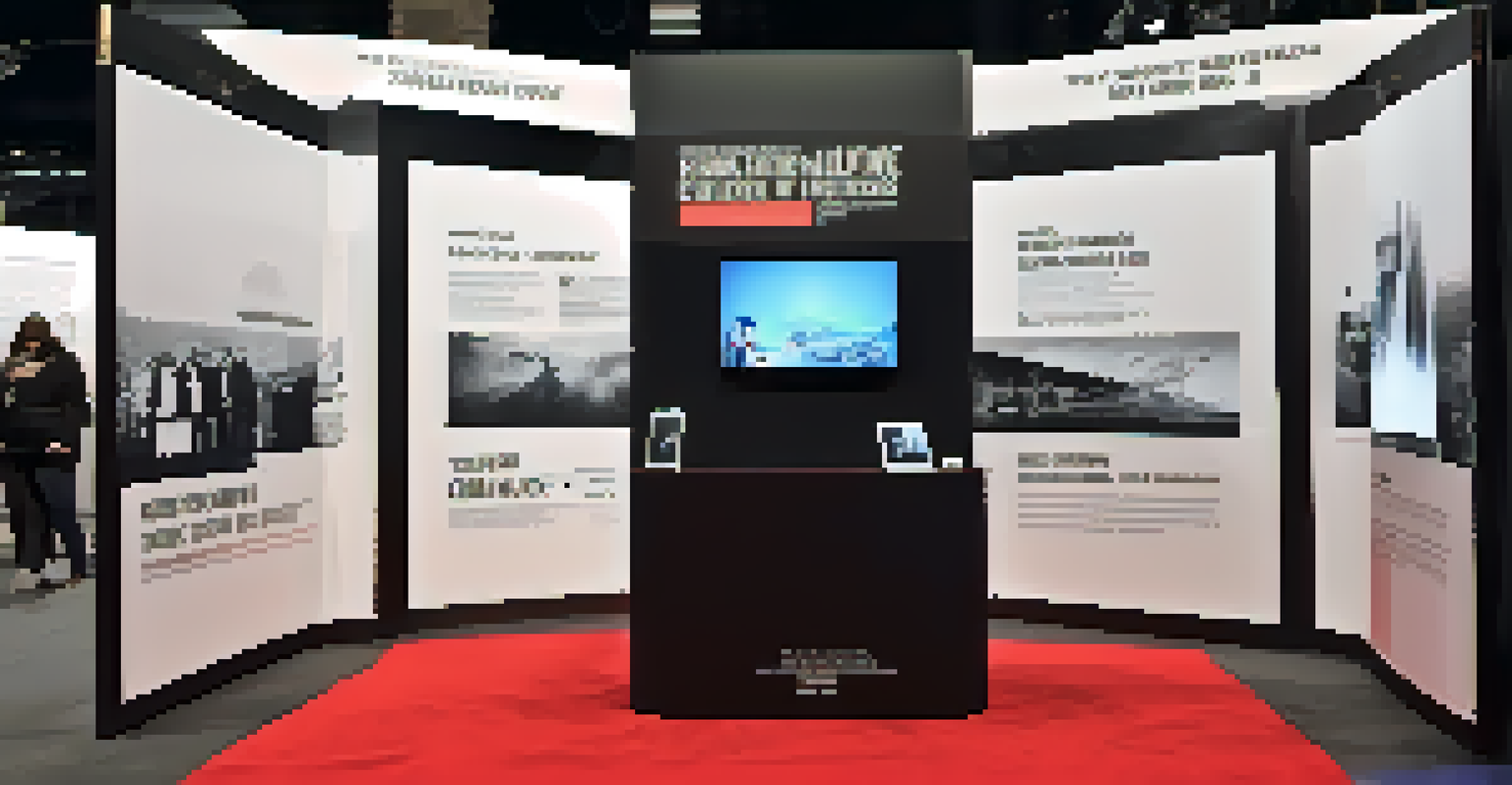 An interactive documentary booth showcasing true crime films at a festival, with visitors discussing in a modern aesthetic setup.