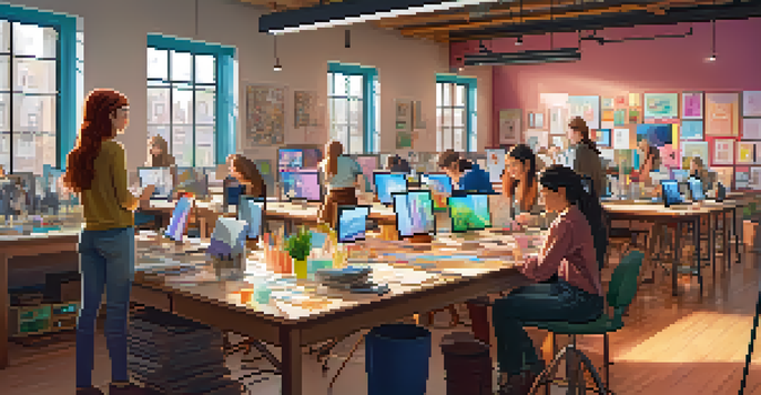 A lively animation studio where women artists are collaborating on projects, surrounded by colorful sketches and art supplies.