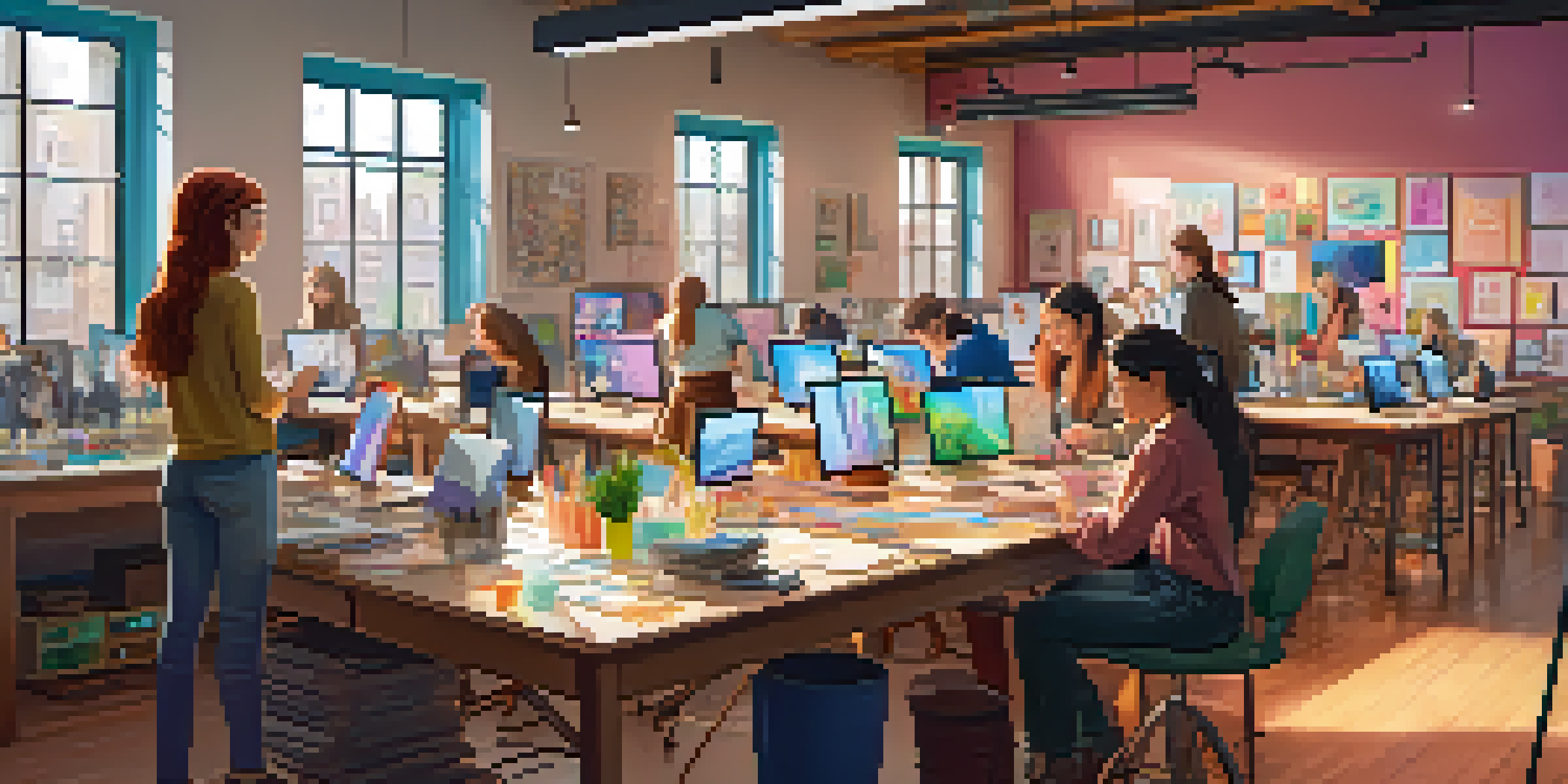 A lively animation studio where women artists are collaborating on projects, surrounded by colorful sketches and art supplies.