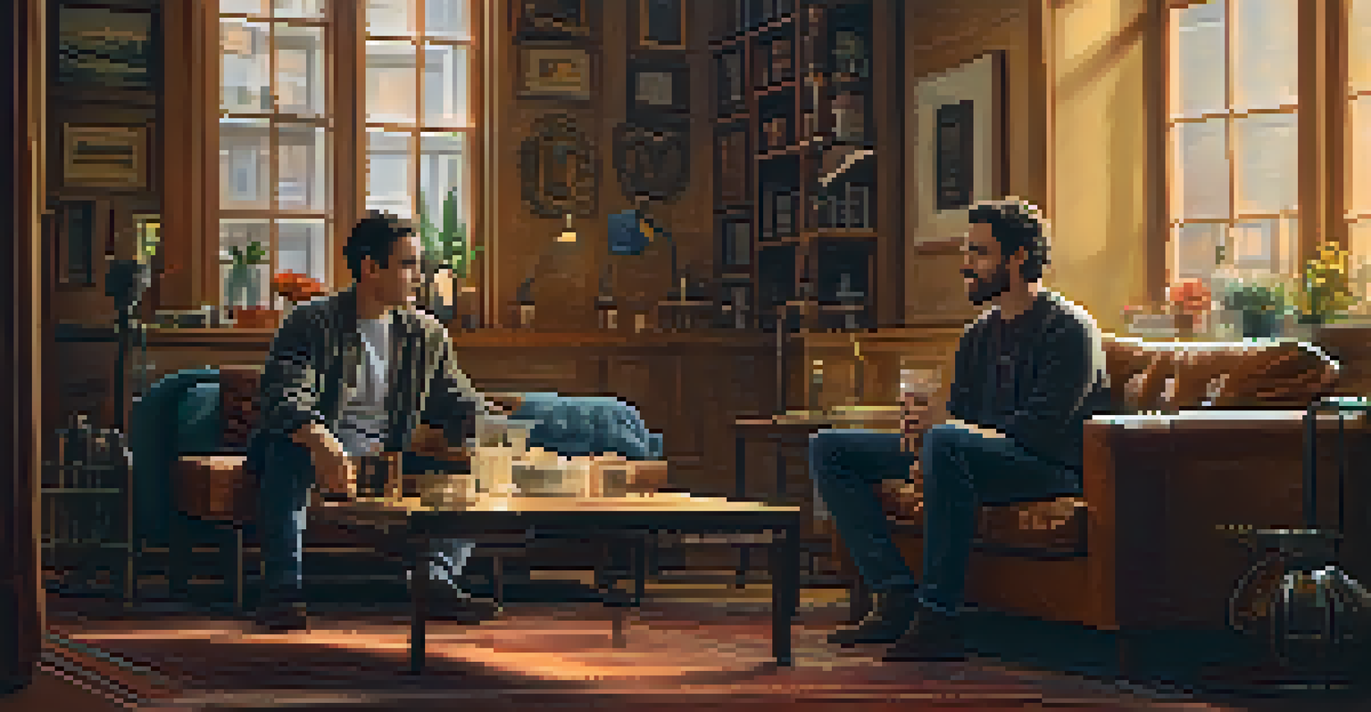 Two actors engaged in a chemistry read on a cozy couch in a rehearsal space filled with props and warm lighting.