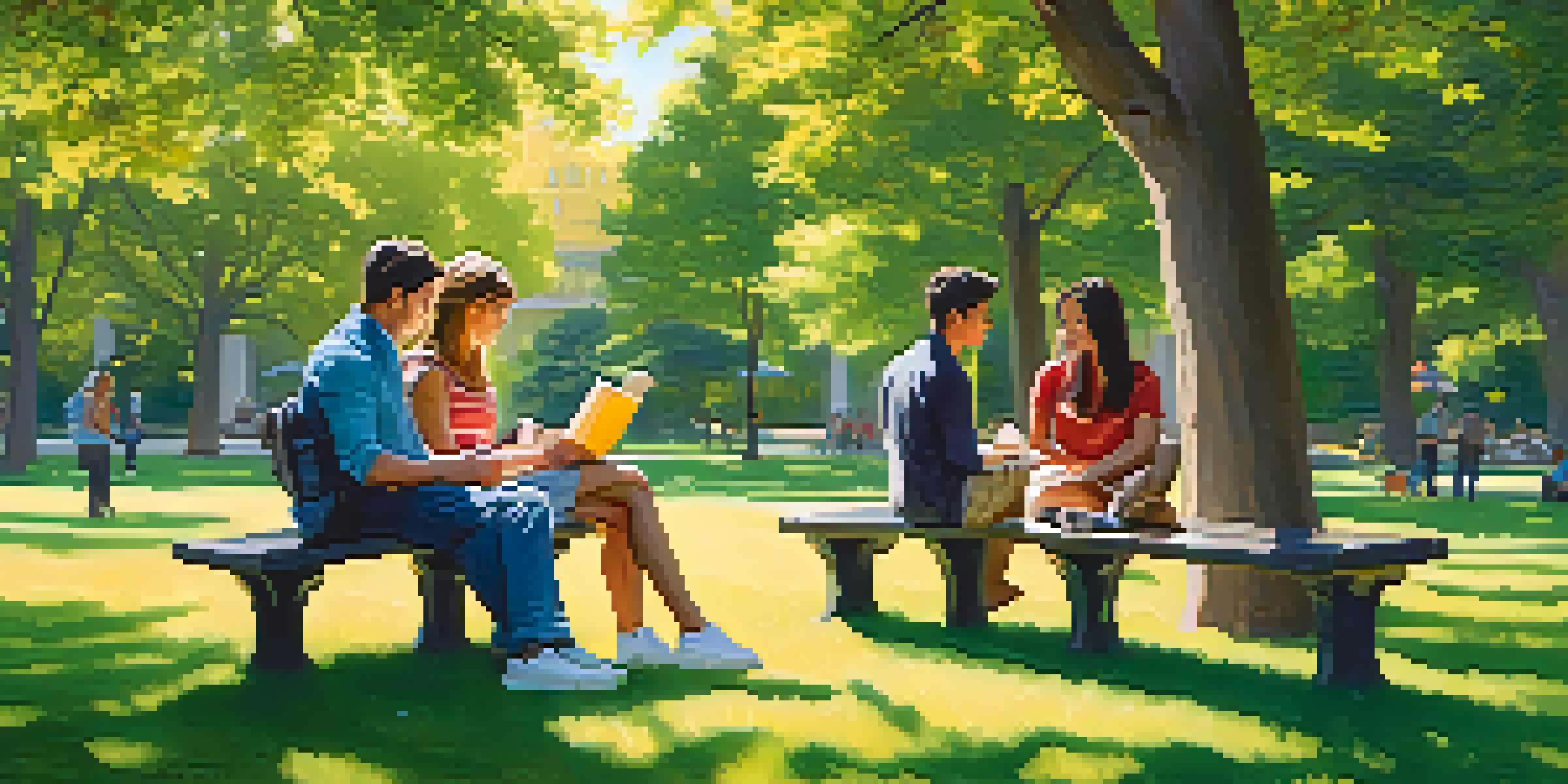 A diverse group of individuals in a park, engaged in activities like reading and conversing under warm sunlight.