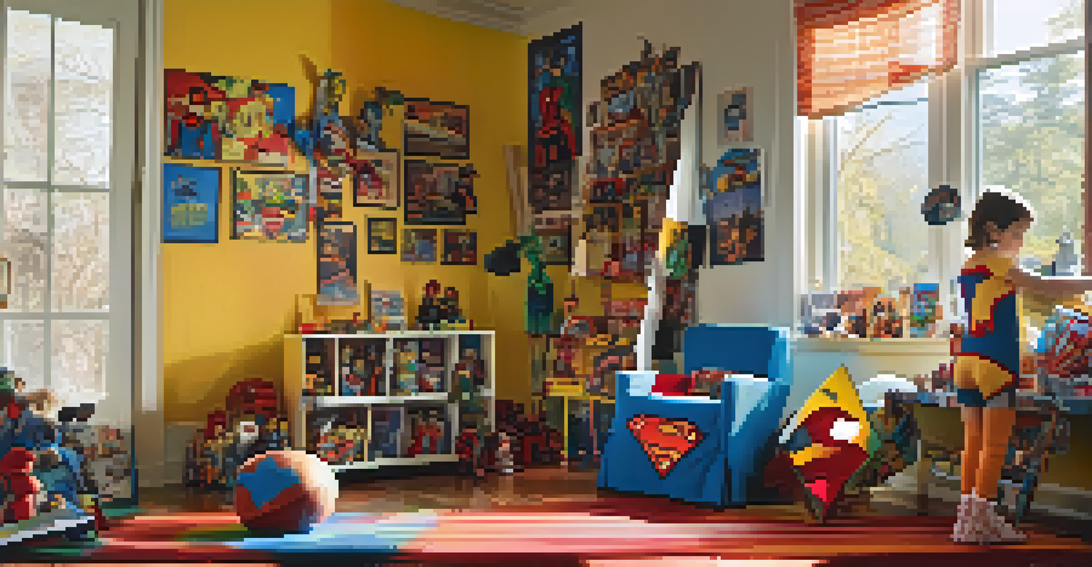 A child dressed as a superhero in a living room filled with movie-themed toys and posters, with sunlight streaming through the window.