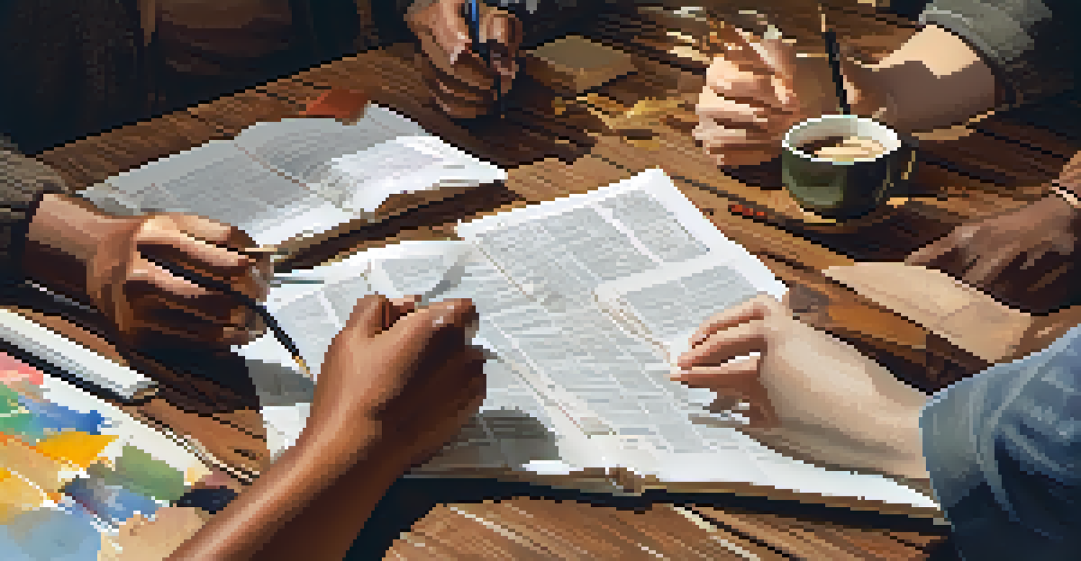 A close-up of diverse hands collaborating on a screenplay, with papers and coffee cups on a wooden table.