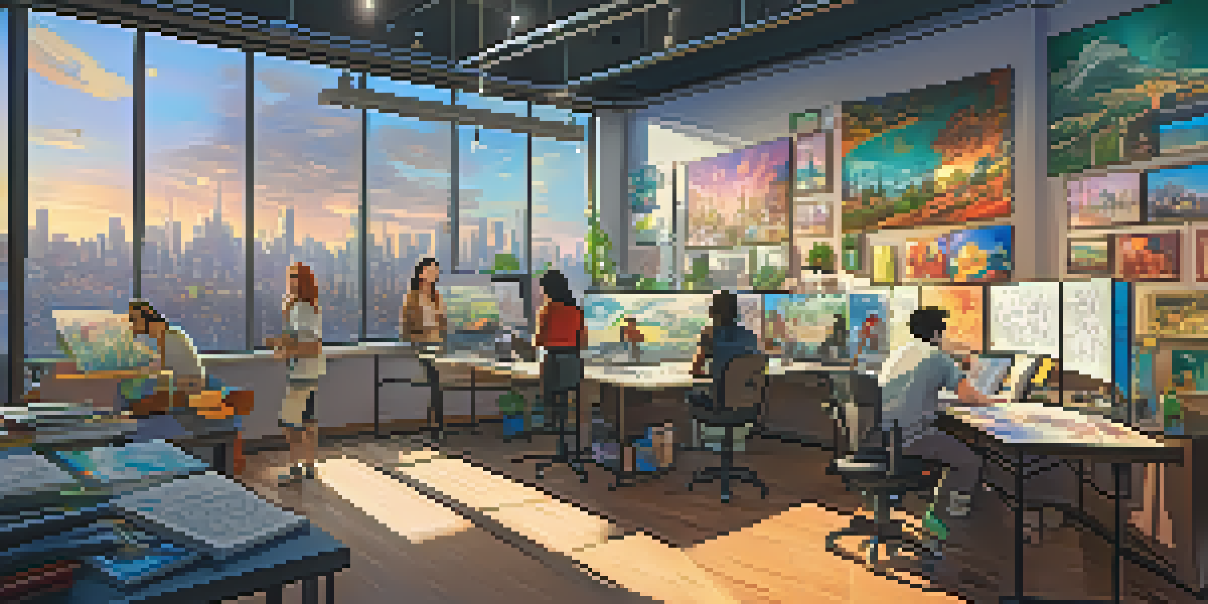 An animation studio with diverse creators working together, surrounded by colorful sketches and a city skyline outside.