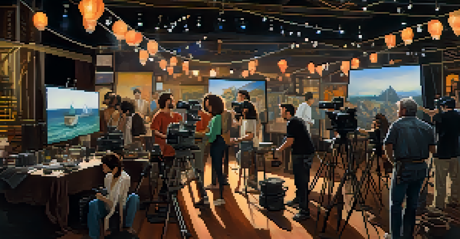 A film set filled with diverse filmmakers collaborating, with cultural elements in the backdrop, highlighting storytelling fusion.