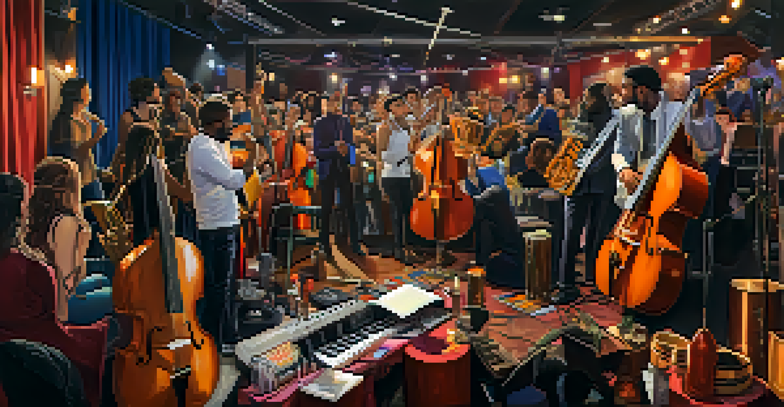 Artists from different cultures collaborating backstage before a music awards show, surrounded by instruments and costumes.