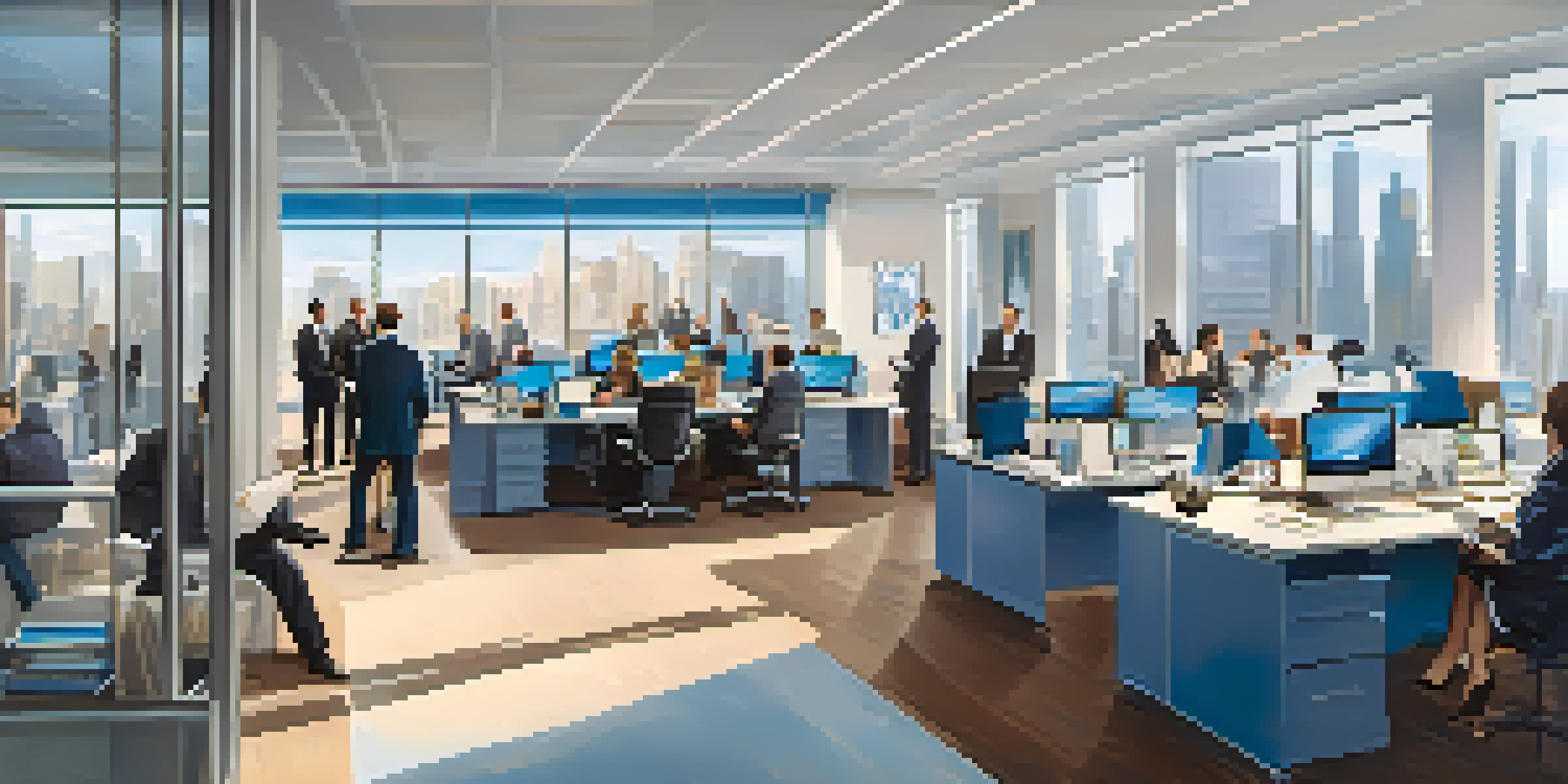 A busy talent agency office with diverse agents discussing with clients, surrounded by film posters and natural light.