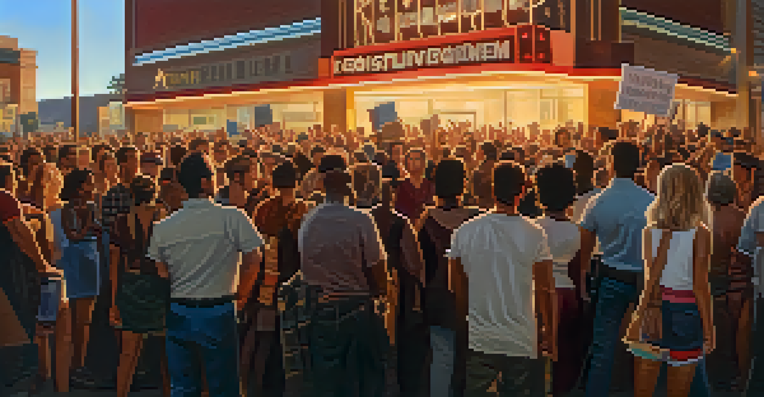 An activist rally outside a cinema with people holding signs for inclusive storytelling, illuminated by the evening sun.