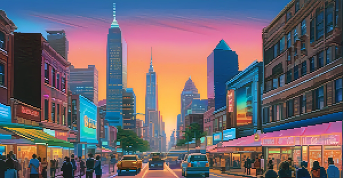 A lively city street at dusk with modern and historical buildings, neon signs, and diverse pedestrians.