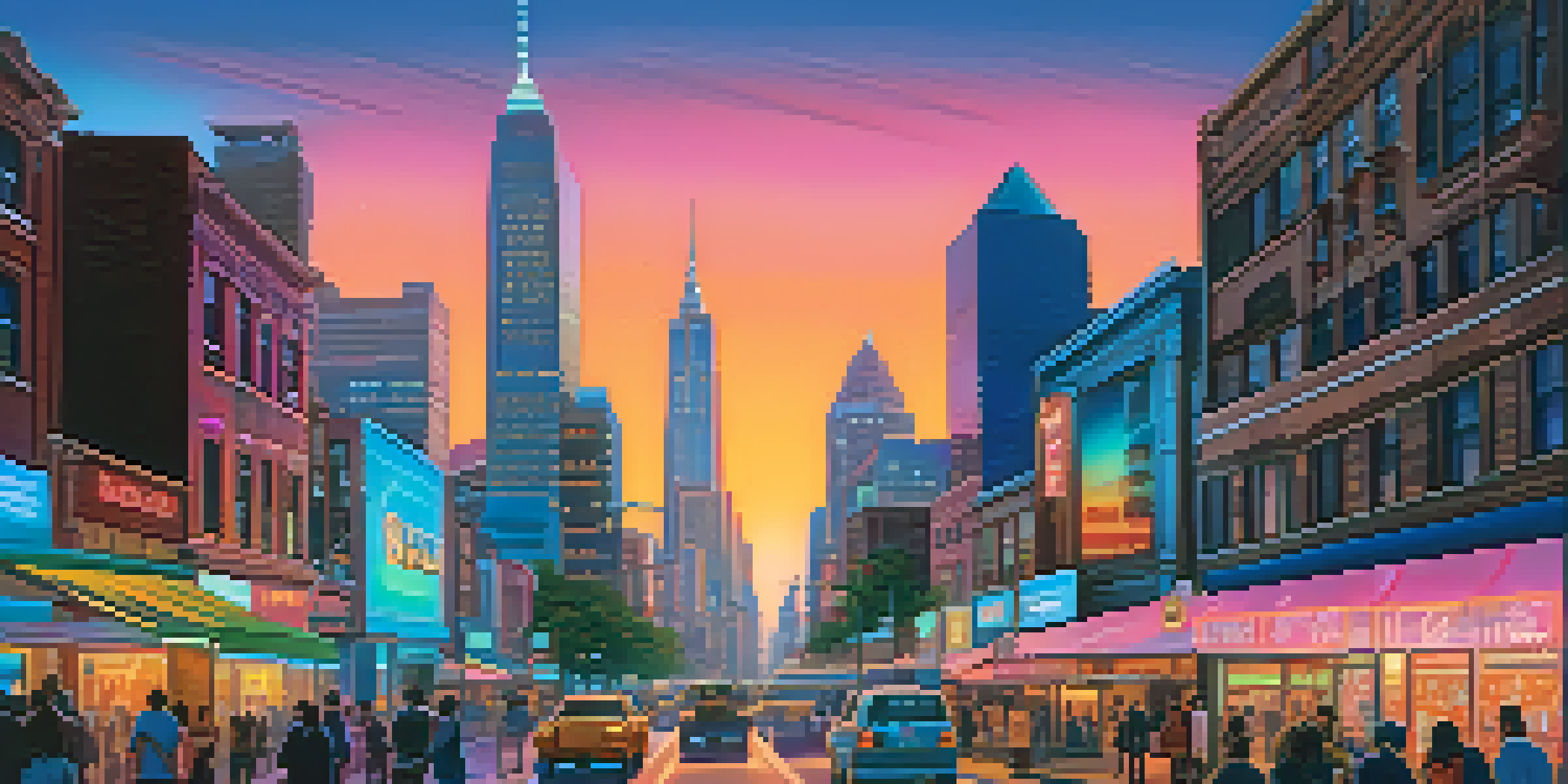 A lively city street at dusk with modern and historical buildings, neon signs, and diverse pedestrians.