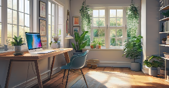 A bright home office with a modern desk, laptop, plants, and colorful art, illuminated by natural light.