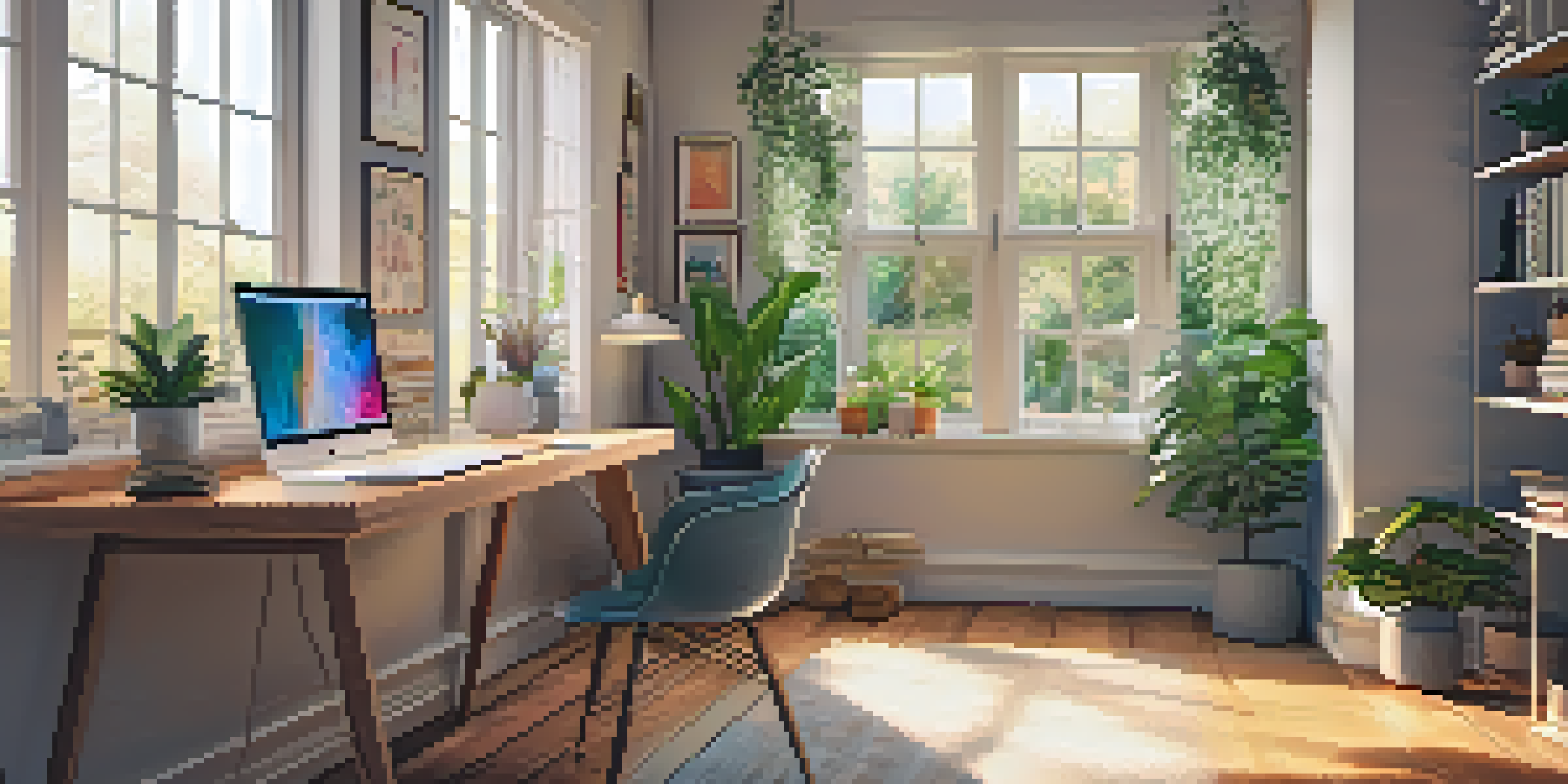 A bright home office with a modern desk, laptop, plants, and colorful art, illuminated by natural light.