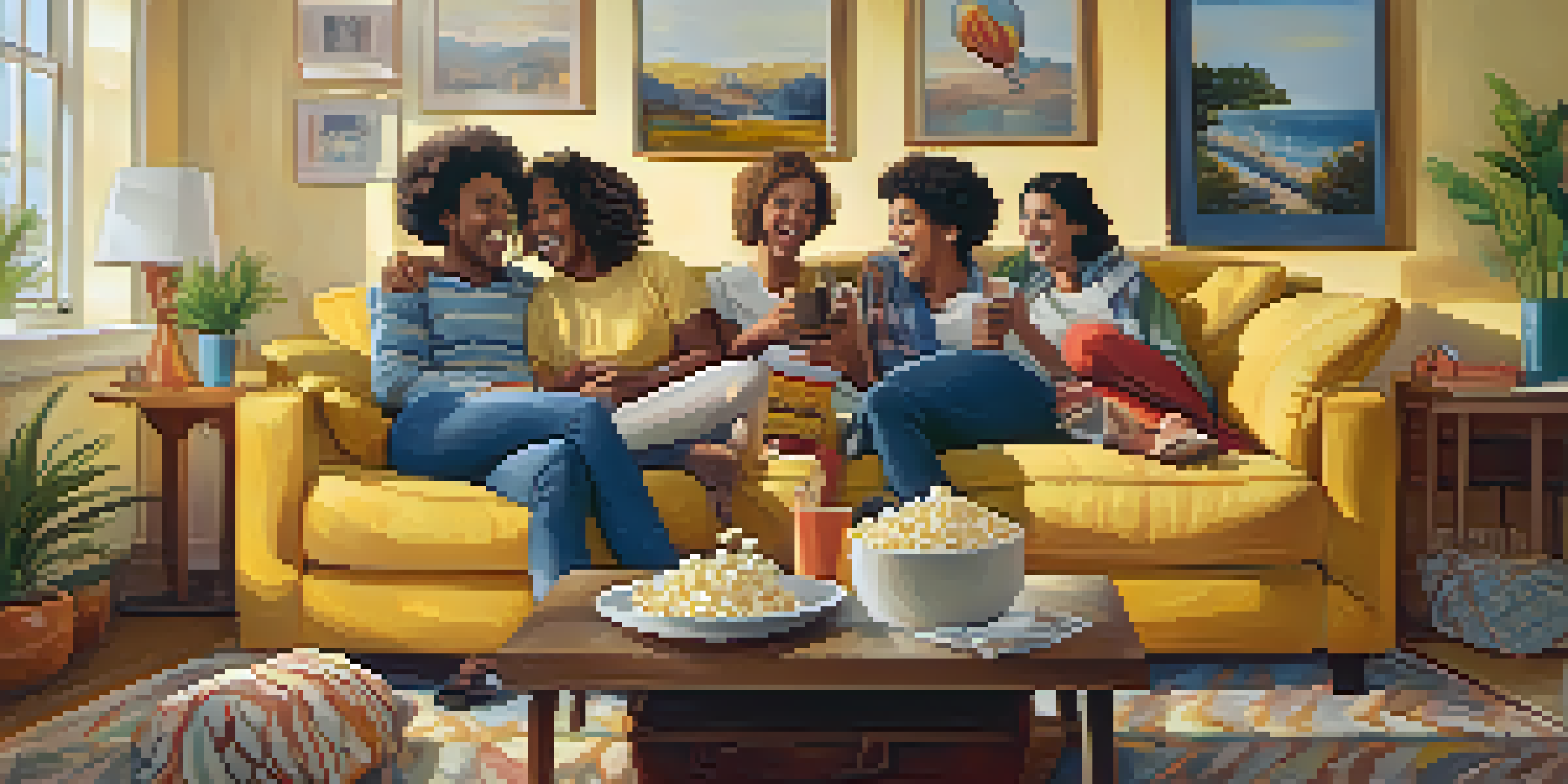A group of friends enjoys a comedy movie together in a cozy living room, sharing laughter and joy.