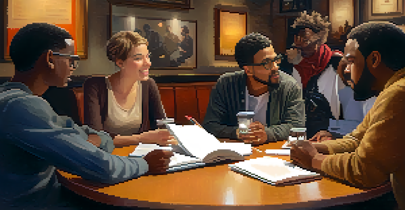 Diverse film critics engaging in discussion around a table in a cozy café, symbolizing community and collaboration in film criticism.