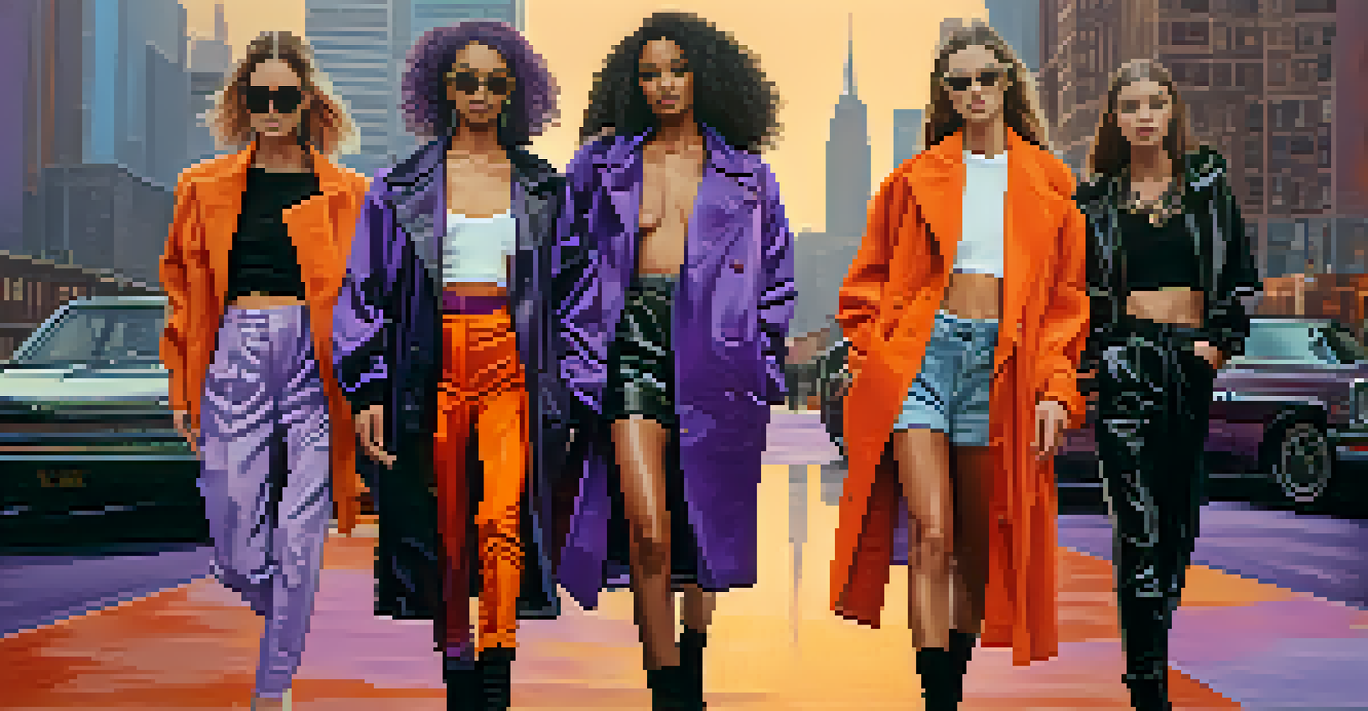 Models in contemporary outfits inspired by Hollywood styles, posed against a city skyline at sunset.